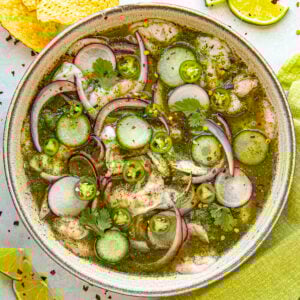 A bowl of spicy, Authentic Aguachile (Mexican Shrimp Ceviche), served with tortilla chips
