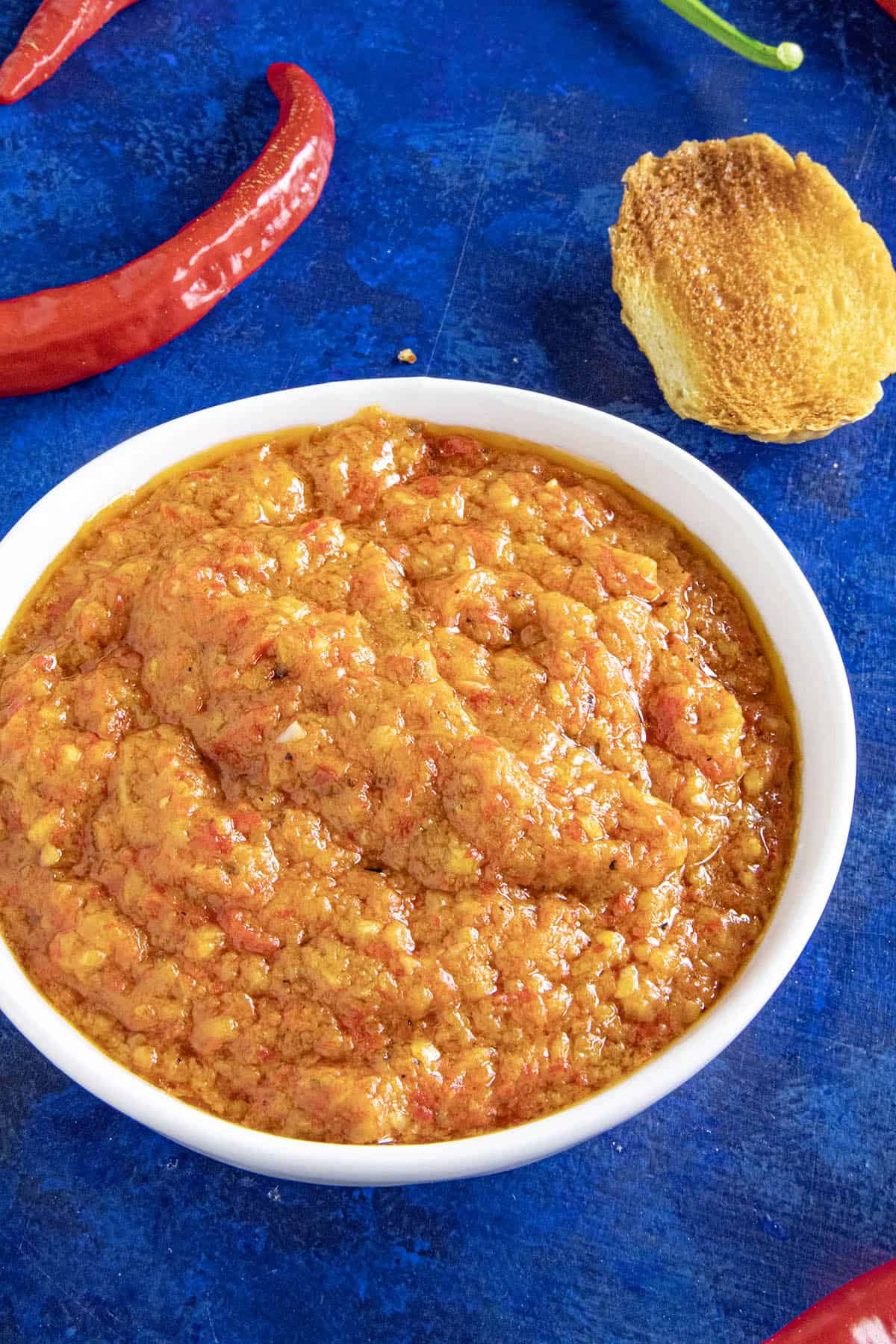A bowl filled with delicious Serbian Roasted Red Pepper Relish (Ajvar)