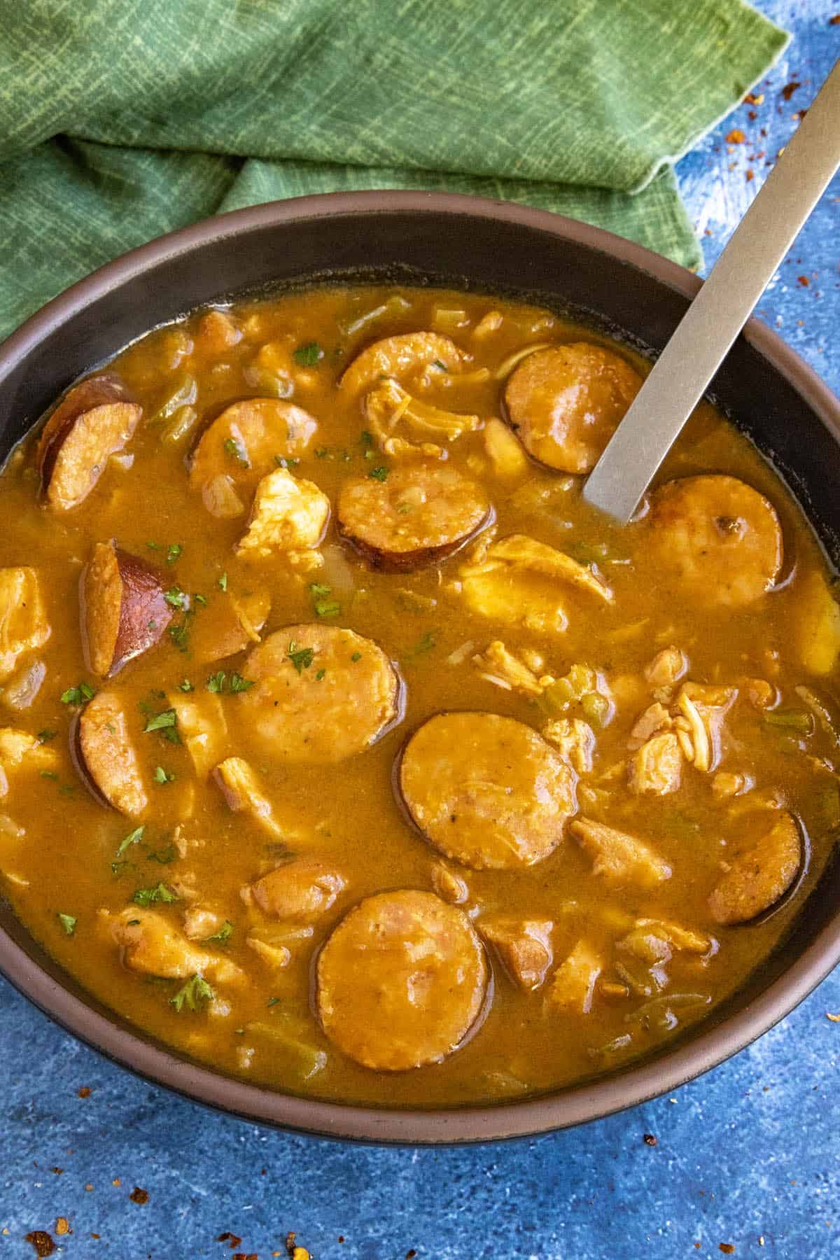 Cajun Chicken and Sausage Gumbo in a bowl with a spoon