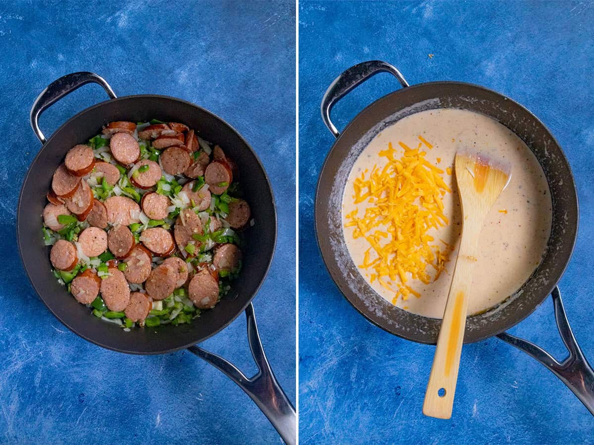 Browning andouille with onions and peppers, then stirring cheese into a bechamel to make Cajun Mac and Cheese