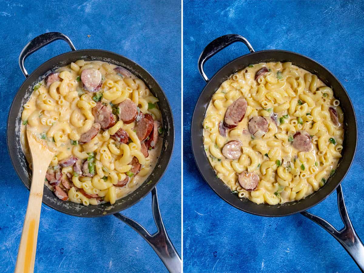 Mixing andouille sausage into a pan of creamy Cajun Mac and Cheese