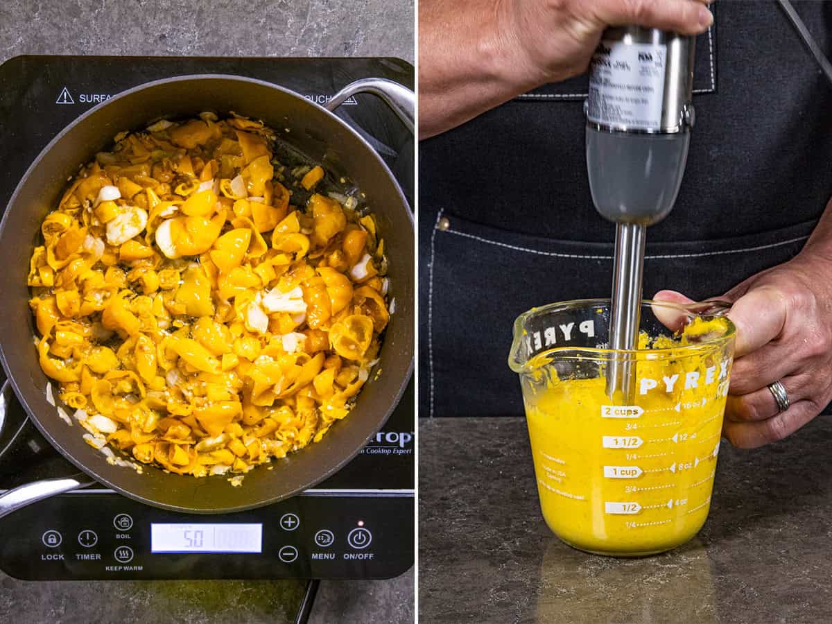 Mike processing Creamy Habanero Sauce in a bowl with a stick blender