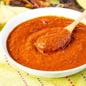 Rich and silky guajillo sauce in a bowl