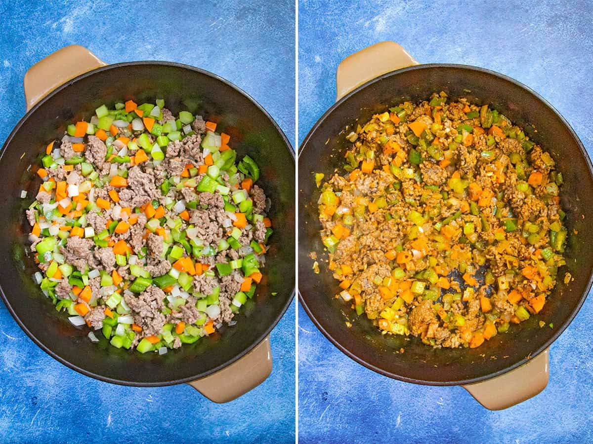 Cooking ground beef with vegetables and seasonings in a pot to make hamburger soup
