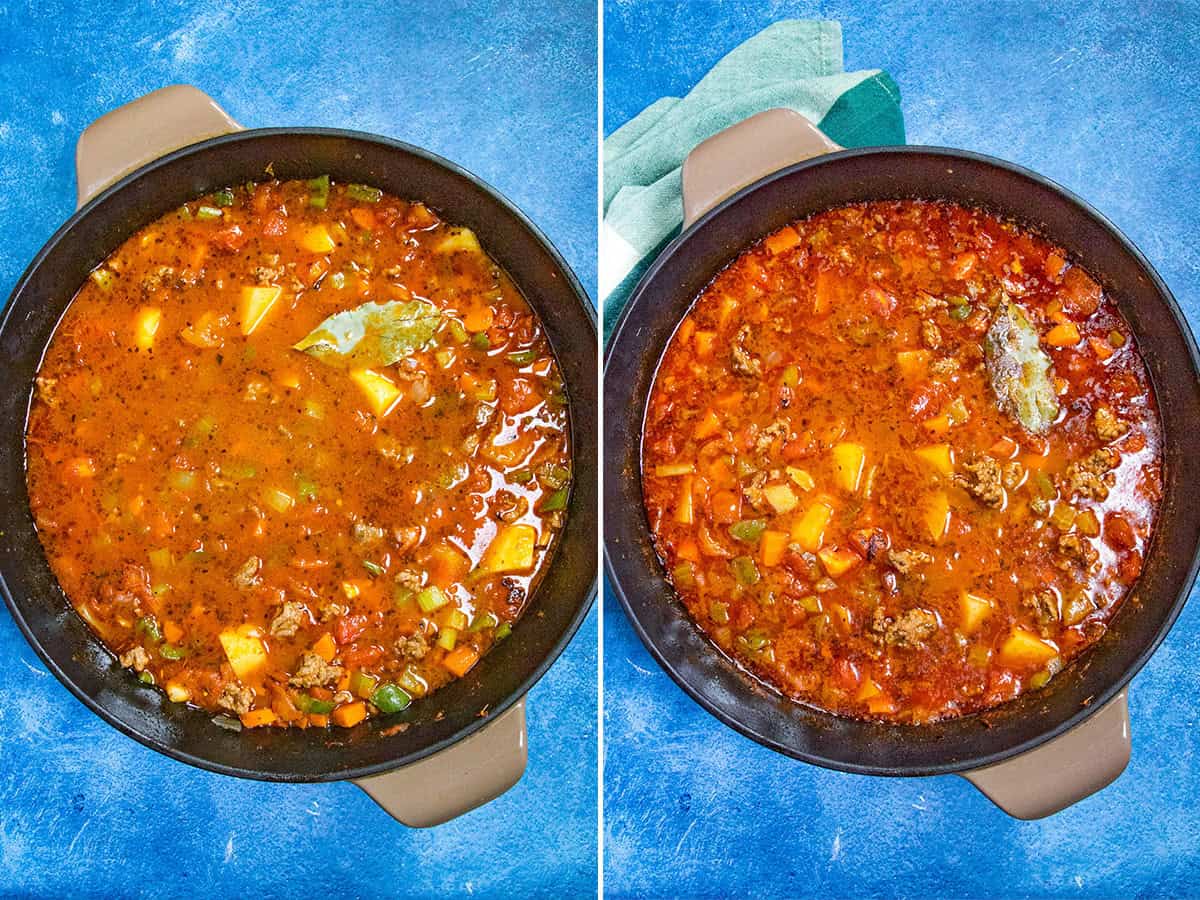 Simmering hamburger soup in a large pot