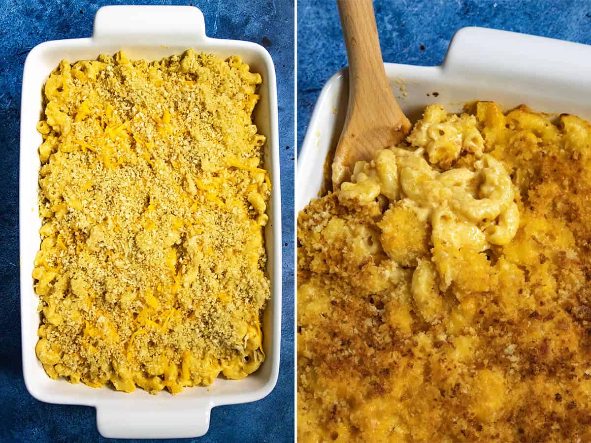 Mike serving a scoop of Creamy Homemade Mac and Cheese from the hot baking dish