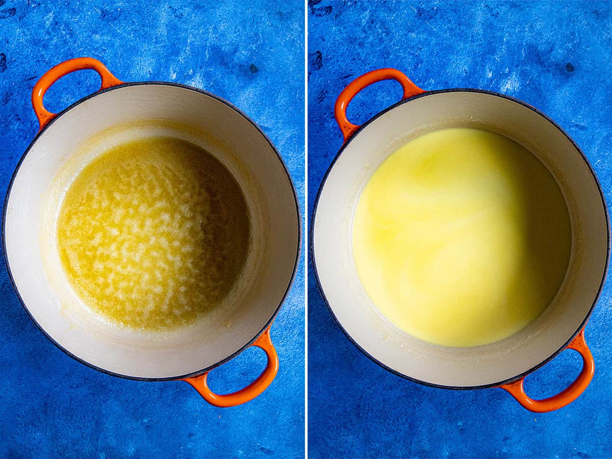 A light blonde roux in a pot to make Homemade Mac and Cheese