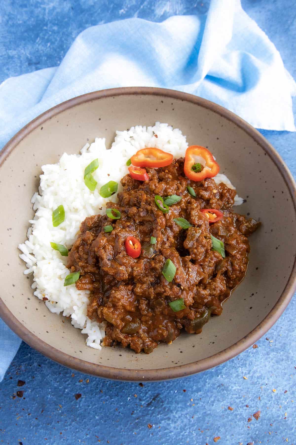 Korean-Style Ground Beef, made with fiery gochujang, served in a bowl over white rice