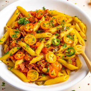 Spicy Penne Arrabbiata (Penne all'arrabbiata) in a bowl, ready to serve