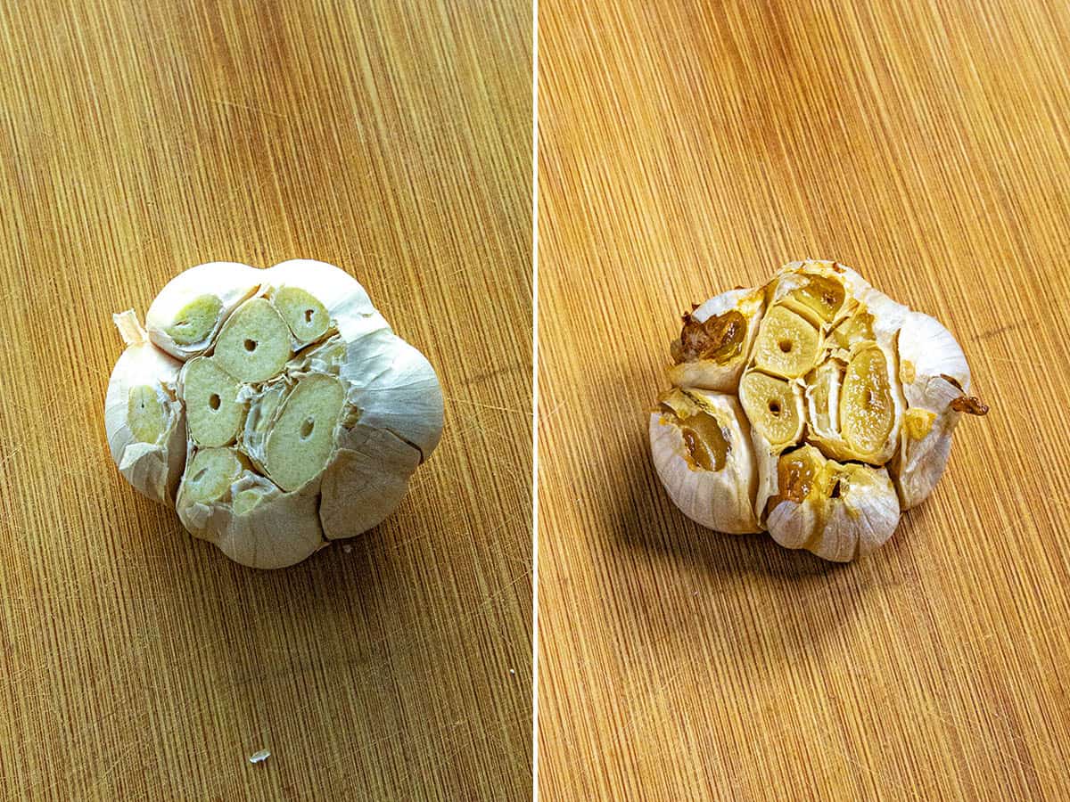 A bulb of fresh garlic next to a bulb of roasted garlic, ready to make roasted garlic gravy