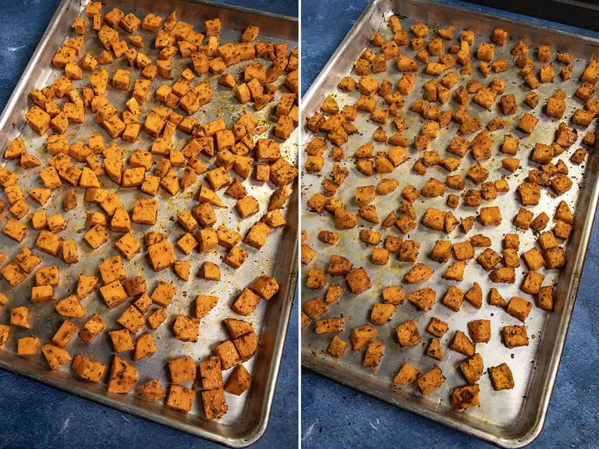 Roasted Sweet Potatoes on a baking tray, just out of the oven