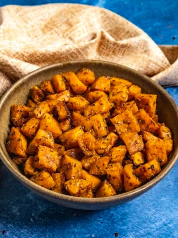 Spiced, Roasted Sweet Potatoes in a bowl, ready to be served