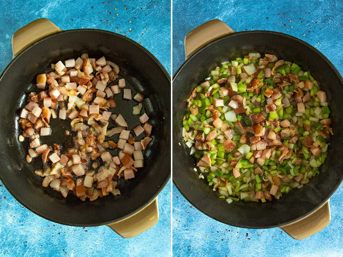 Browning diced smoked ham, and cooking vegetables in a large pot to make soup beans