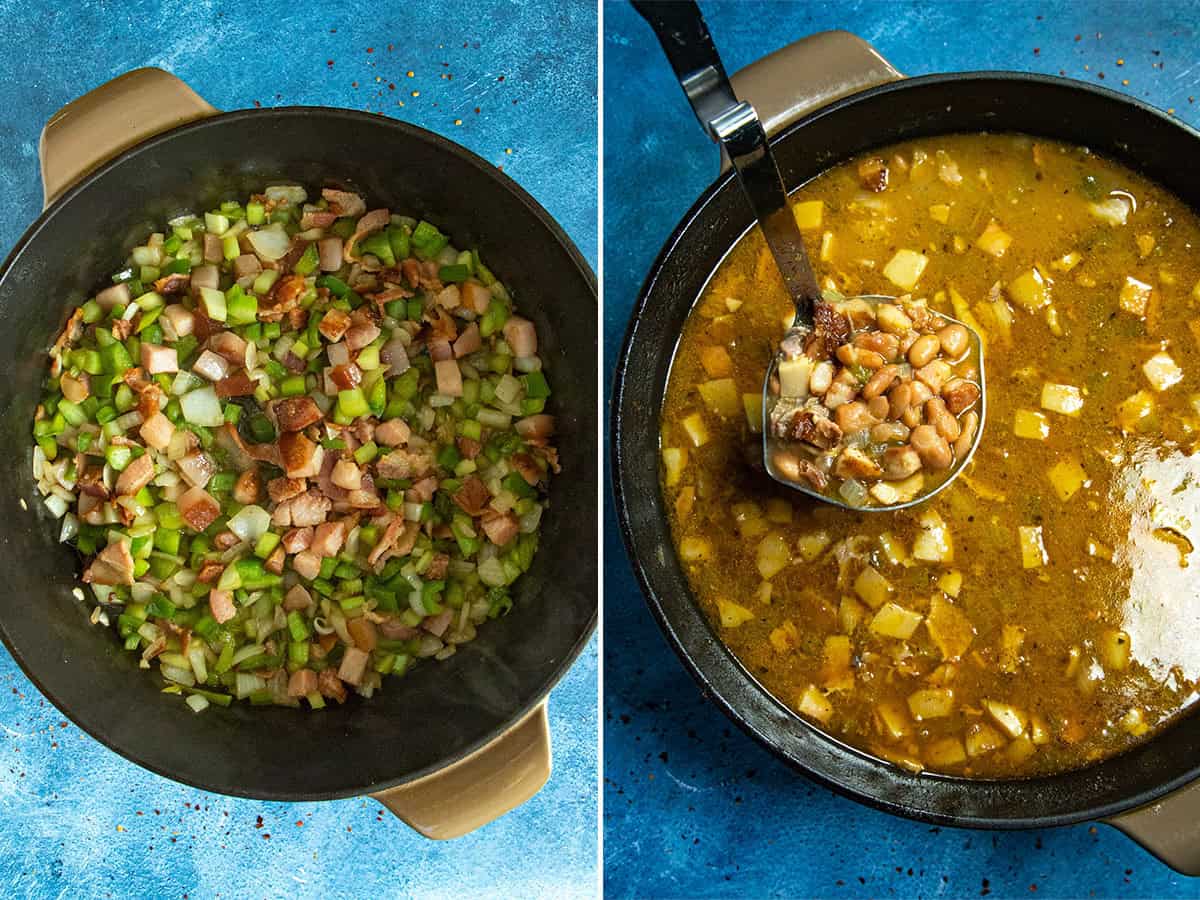 Cooking down vegetables and smoked ham, and Soup beans simmering in a large pot