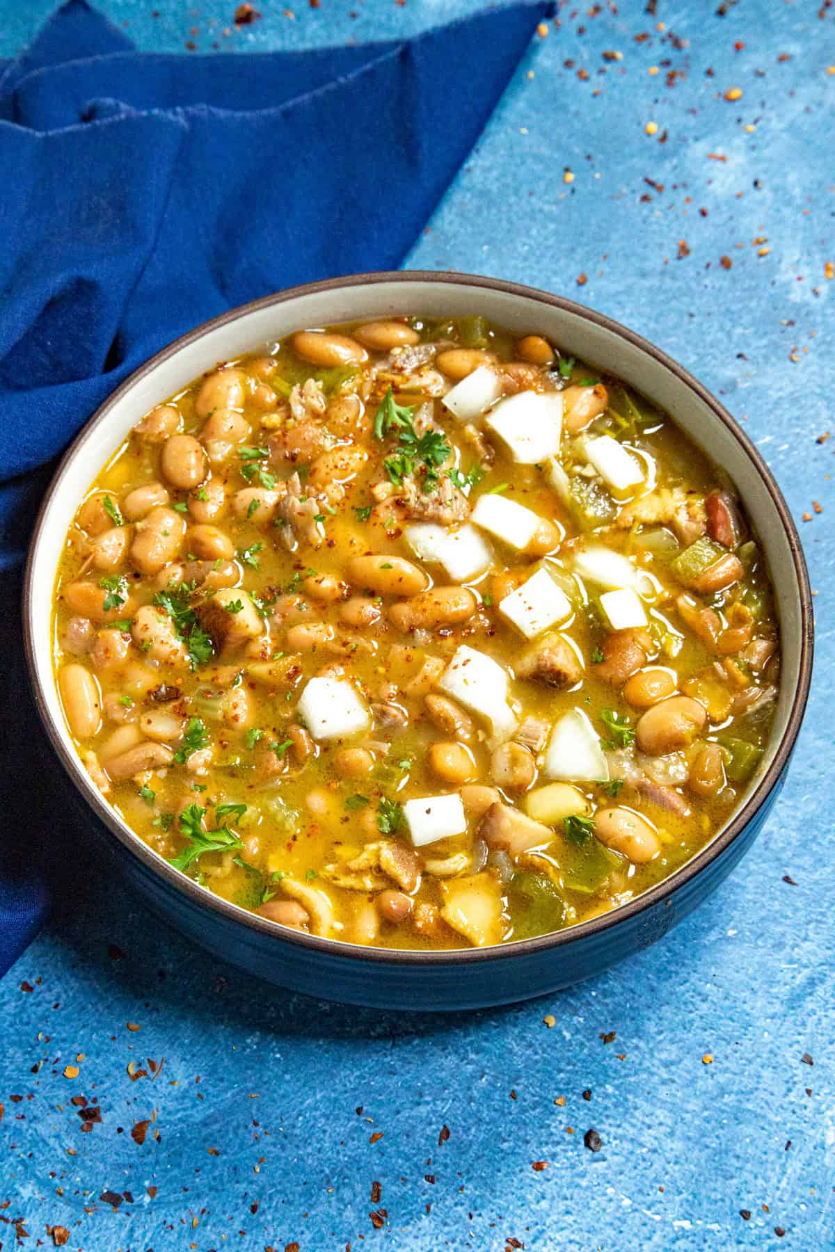 A bowl of Homemade Soup Beans, garnished with chopped white onion