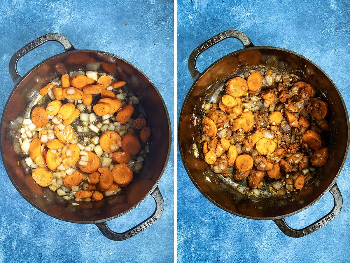 Sauteing onions and carrots in a large stew pot