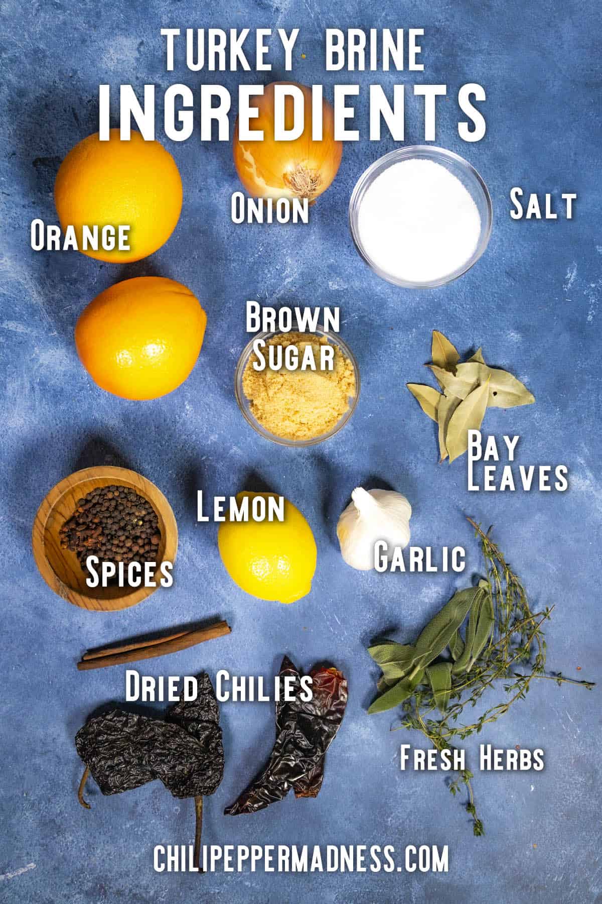 Turkey Brine Recipe ingredients on a table, listed