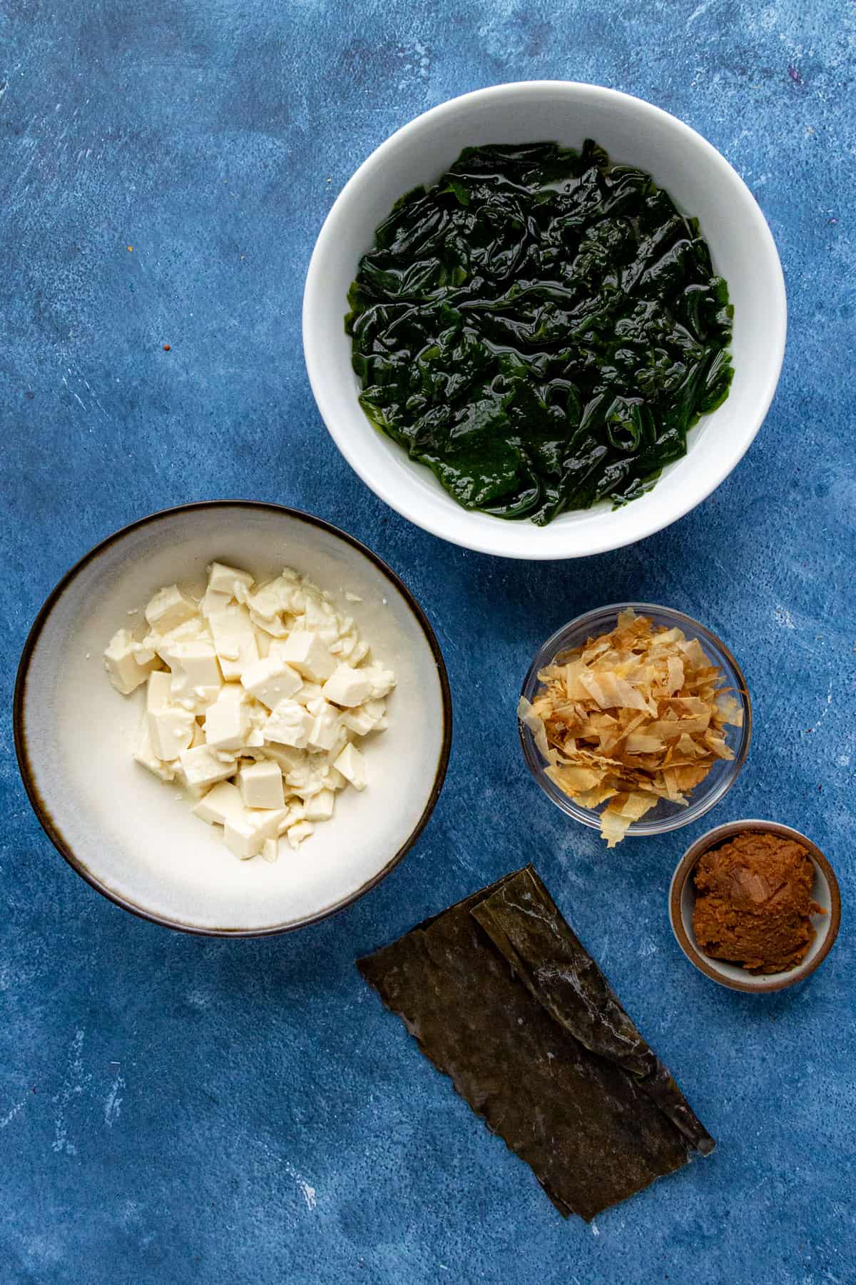 Ingredients on a table for making homemade miso soup