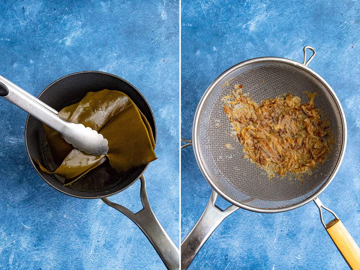 Removing kombu from the simmering pot, and straining bonito flakes to make homemade miso soup