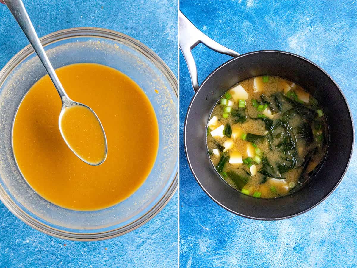 Mixing white miso in a bowl and pouring it into the simmering broth (dashi)
