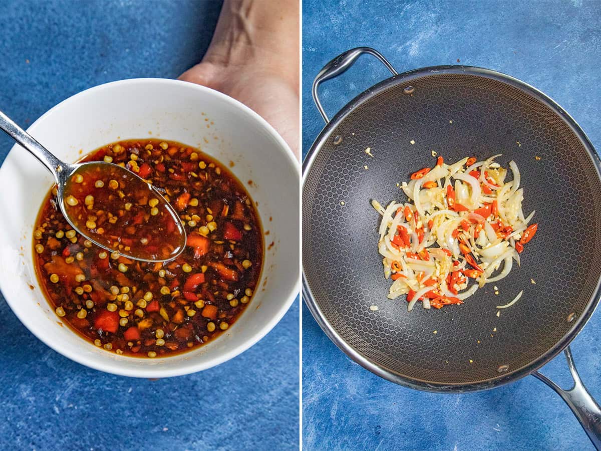 Pad krapow sauce in a mixing bowl, and stir frying onions and spicy chilies to make pad kra pao (Thai Holy Basil Stir Fry)