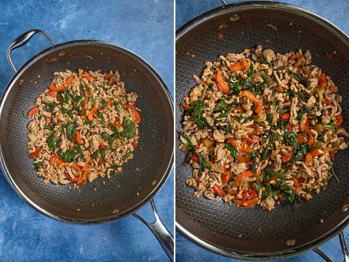 Stir frying ground pork with onions and spicy chilies with spicy sauce in a wok to make pad kra pao (Thai Holy Basil Stir Fry)