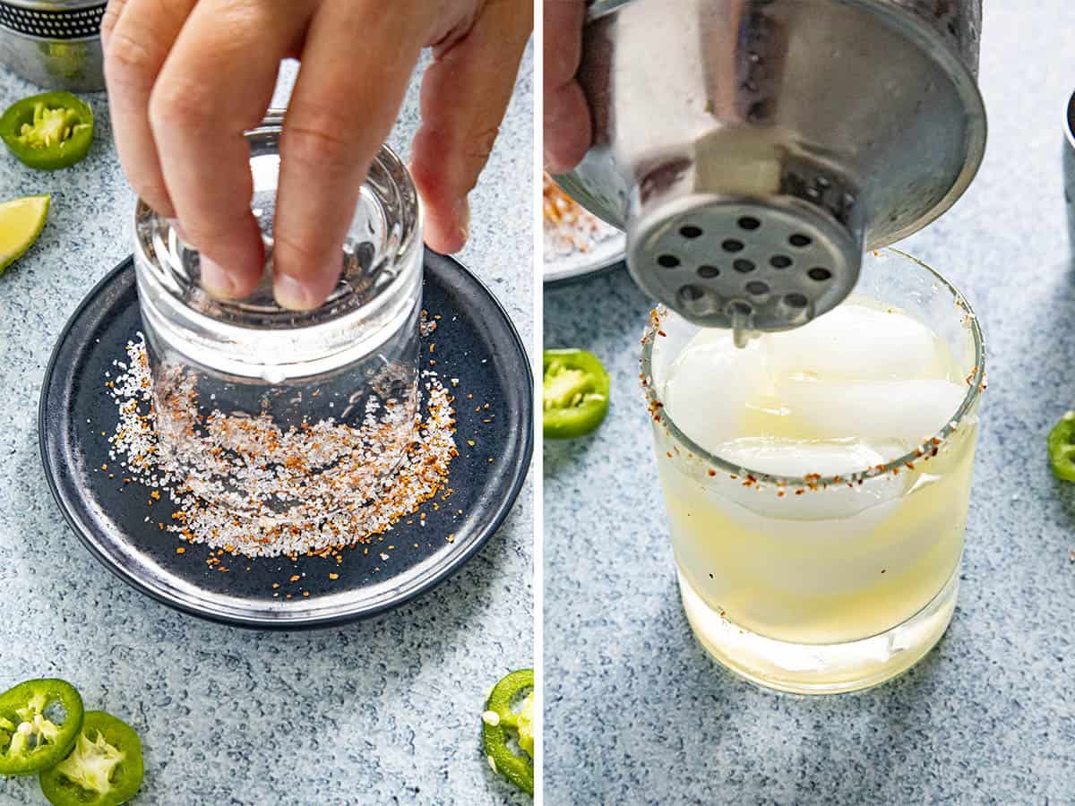 Rimming a glass with tajin and salt, then pouring a spicy margarita into the glass