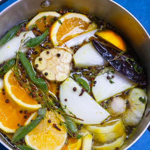 Turkey brine ingredients in a large pot, ready to brine the turkey