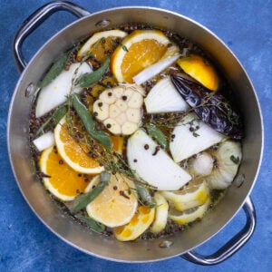 Turkey brine ingredients in a large pot, ready to brine the turkey