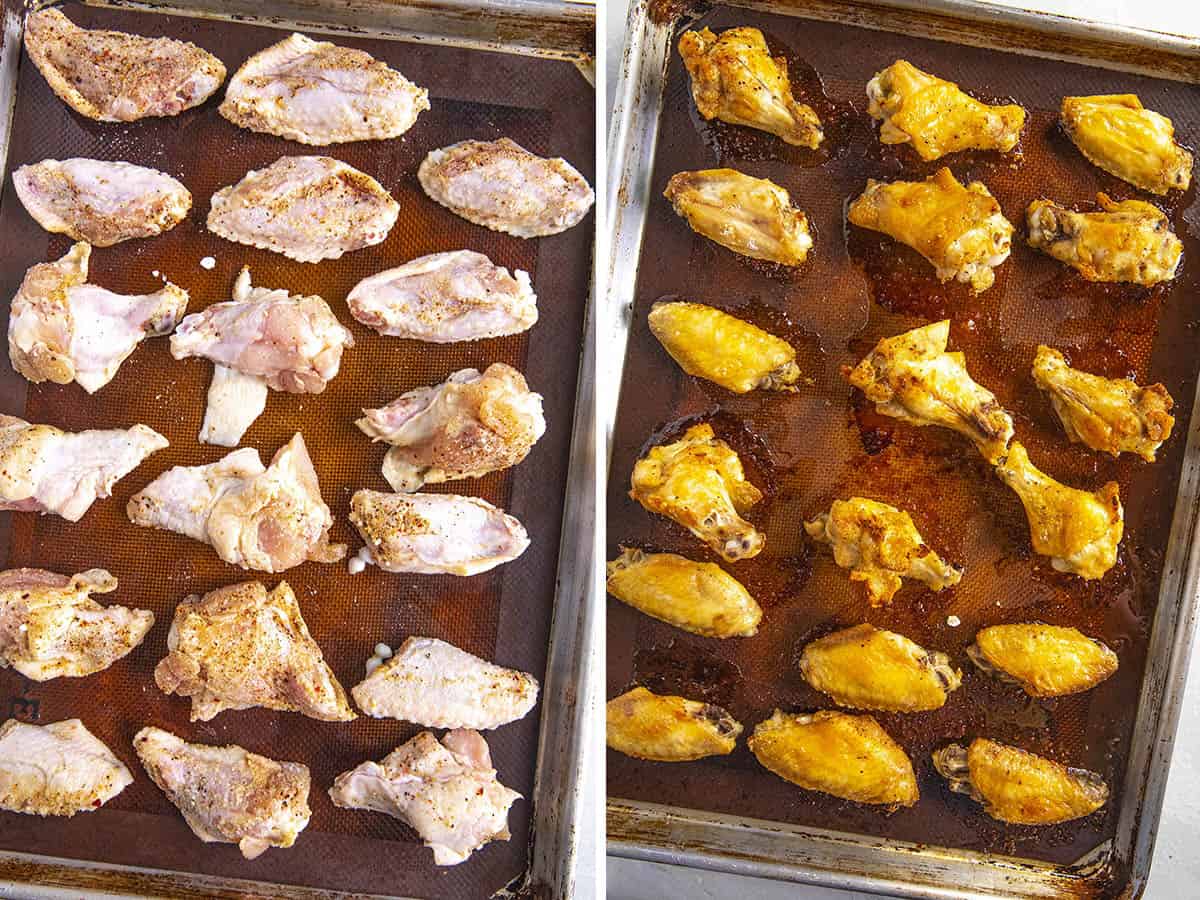 Two side-by-side images of Buffalo Wings on a baking sheet: the left shows raw, seasoned wings, while the right showcases the same wings cooked to golden brown perfection.