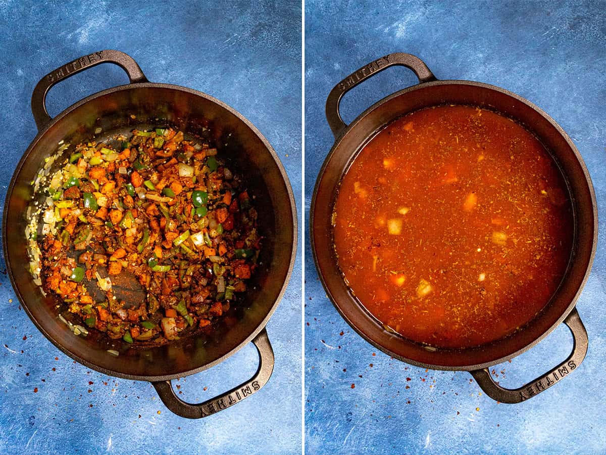 Side-by-side images of a Dutch oven: the left shows chopped vegetables and spices saut&eacute;ing, while the right displays a hearty Lentil Soup simmering in broth, its ingredients melding in a rich reddish liquid.