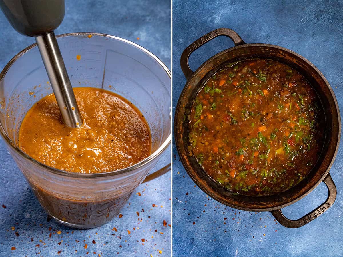 Left: An immersion blender blends a thick, orange-brown lentil soup in a measuring cup. Right: A chunky, colorful sauce with herbs simmers in a black pot, both on a blue surface.
