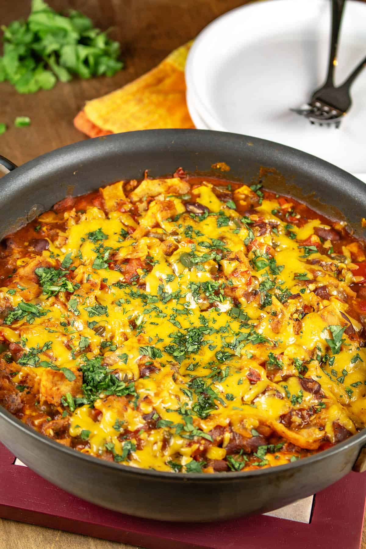 Meatless Enchilada Casserole served in a dish hot from the oven, garnished with chopped cilantro