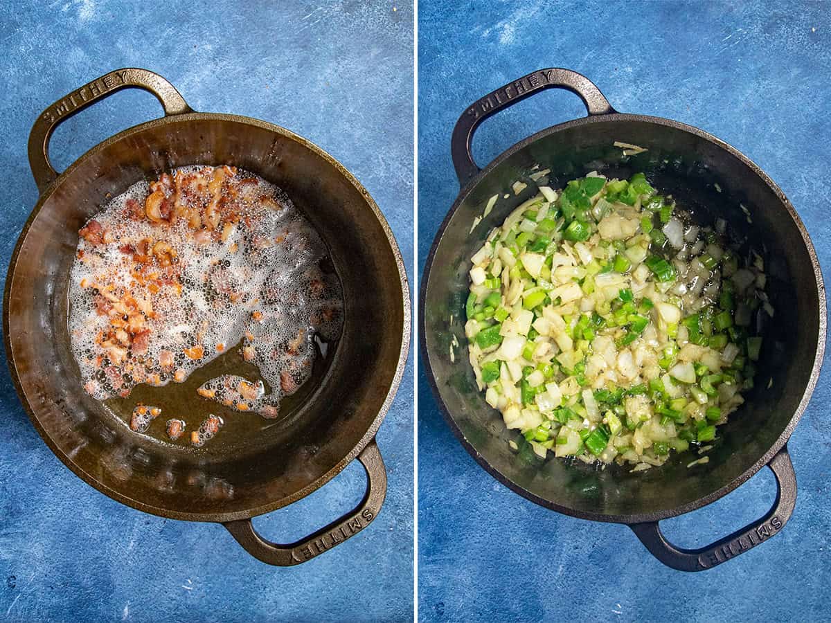 Cooking bacon and vegetables in a Dutch oven to make loaded baked potato soup