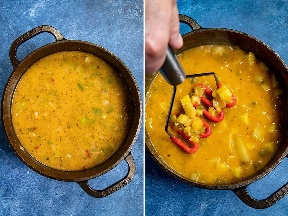 Mashing simmered potatoes, vegetables, and spices, in a pot to make potato soup