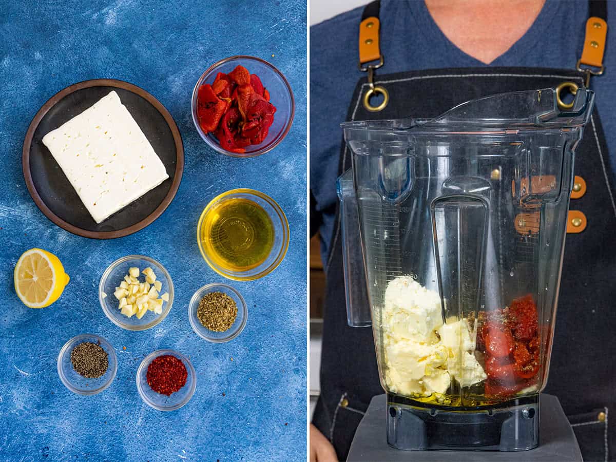 Ingredients going into a food processor to make Greek Htipiti (Whipped Feta Dip with Roasted Red Peppers)