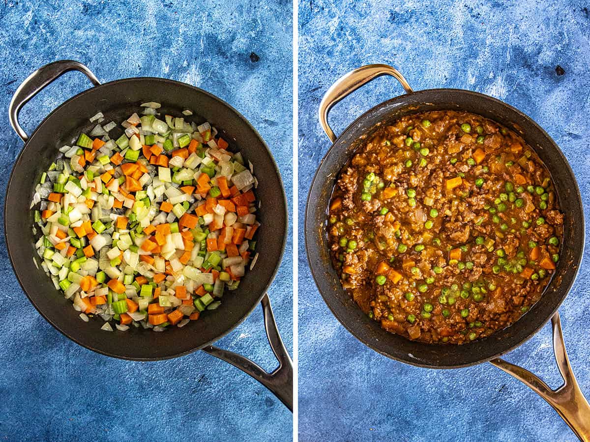 Cooking down vegetables and ground lamb in a pan to make Shepherds Pie