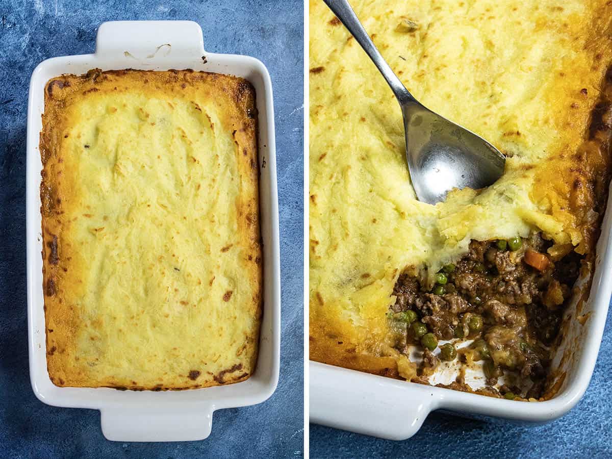 Shepherds Pie fresh out of the oven, and being scooped from the baking dish