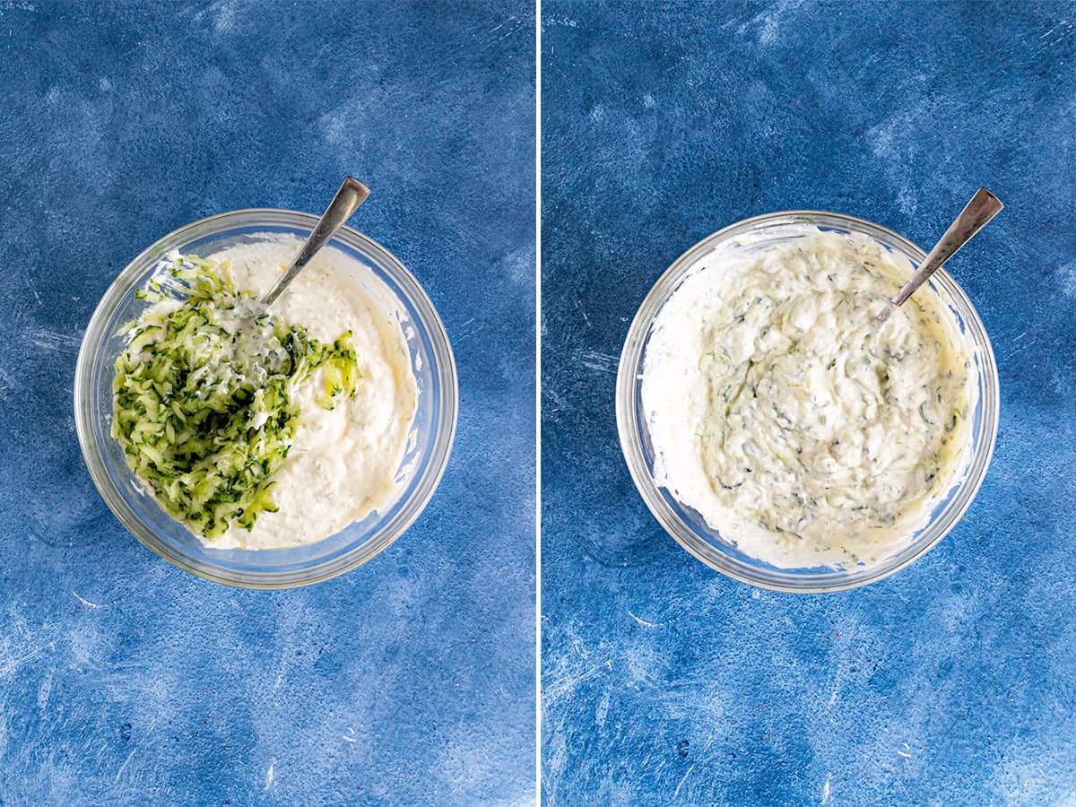 Mixing Tzatziki Sauce ingredients together in large a bowl