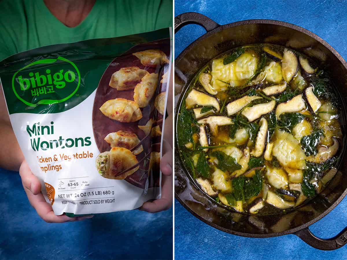 Wonton soup simmering in a pot, and a bag of frozen mini wontons