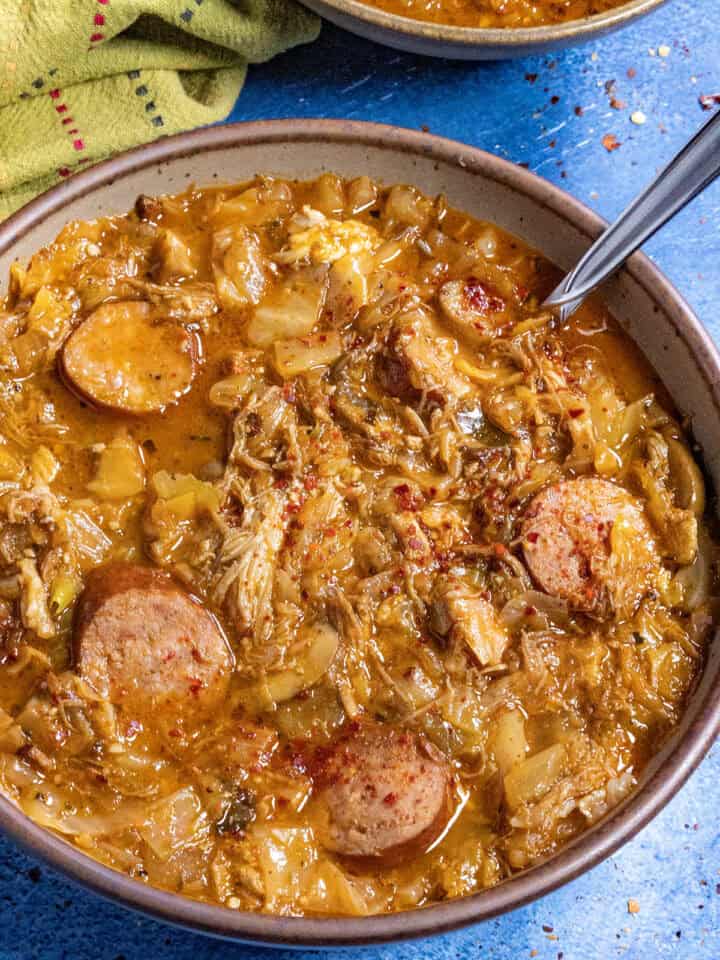 Polish Hunter's Stew (Bigos) served in a bowl with a spoon