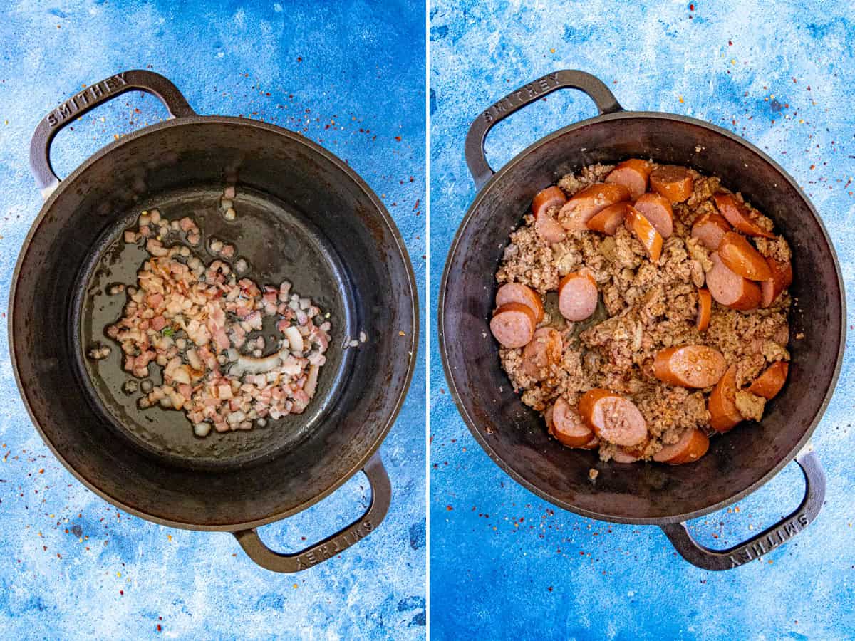 Cooking bacon, ground beef, and andouille sausage in a pot to make cowboy stew