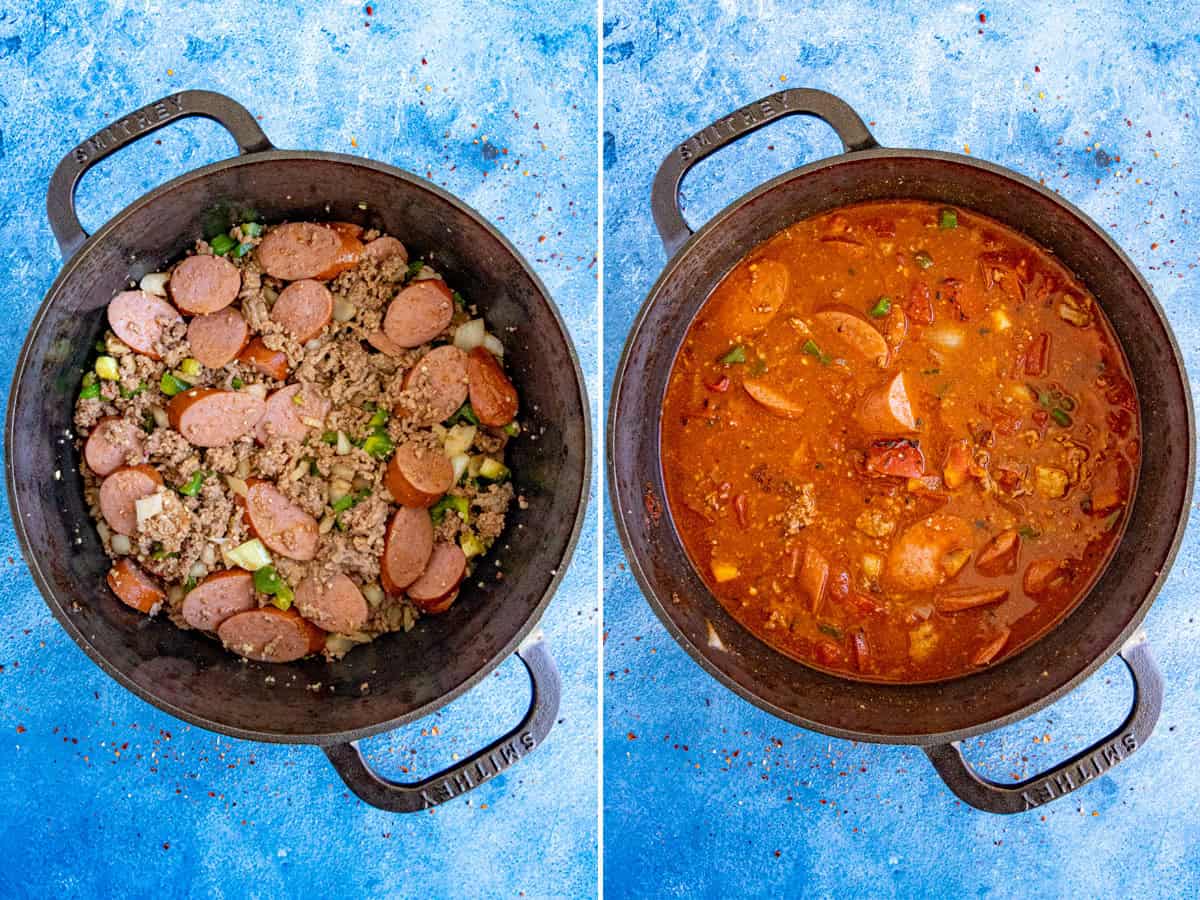 Side-by-side images of a pot: the left shows sliced sausage, ground meat, and chopped vegetables for cowboy stew; the right reveals the same pot with ingredients simmered in a rich, red broth. Both sit on a blue background.