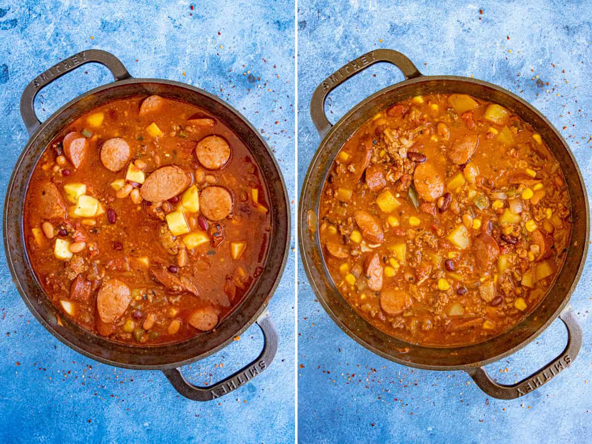 Cowboy stew simmering in a pot, before and after simmering, nice and chunky