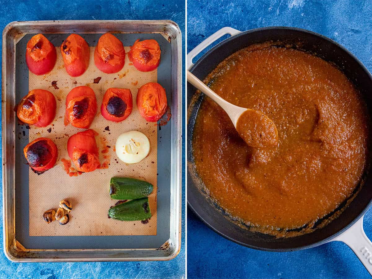 Roasted tomatoes, onion, jalapeno, and garlic on a baking sheet, then the blended ingredients simmering in a pan as a tomato sauce