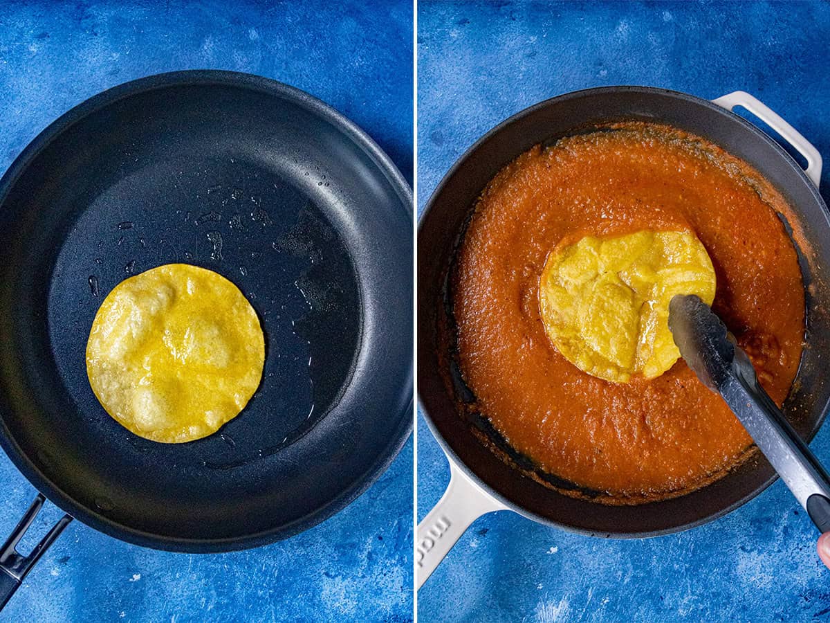 Lightly frying corn tortillas in a pan, then dipping them into tomato sauce simmering in another pan