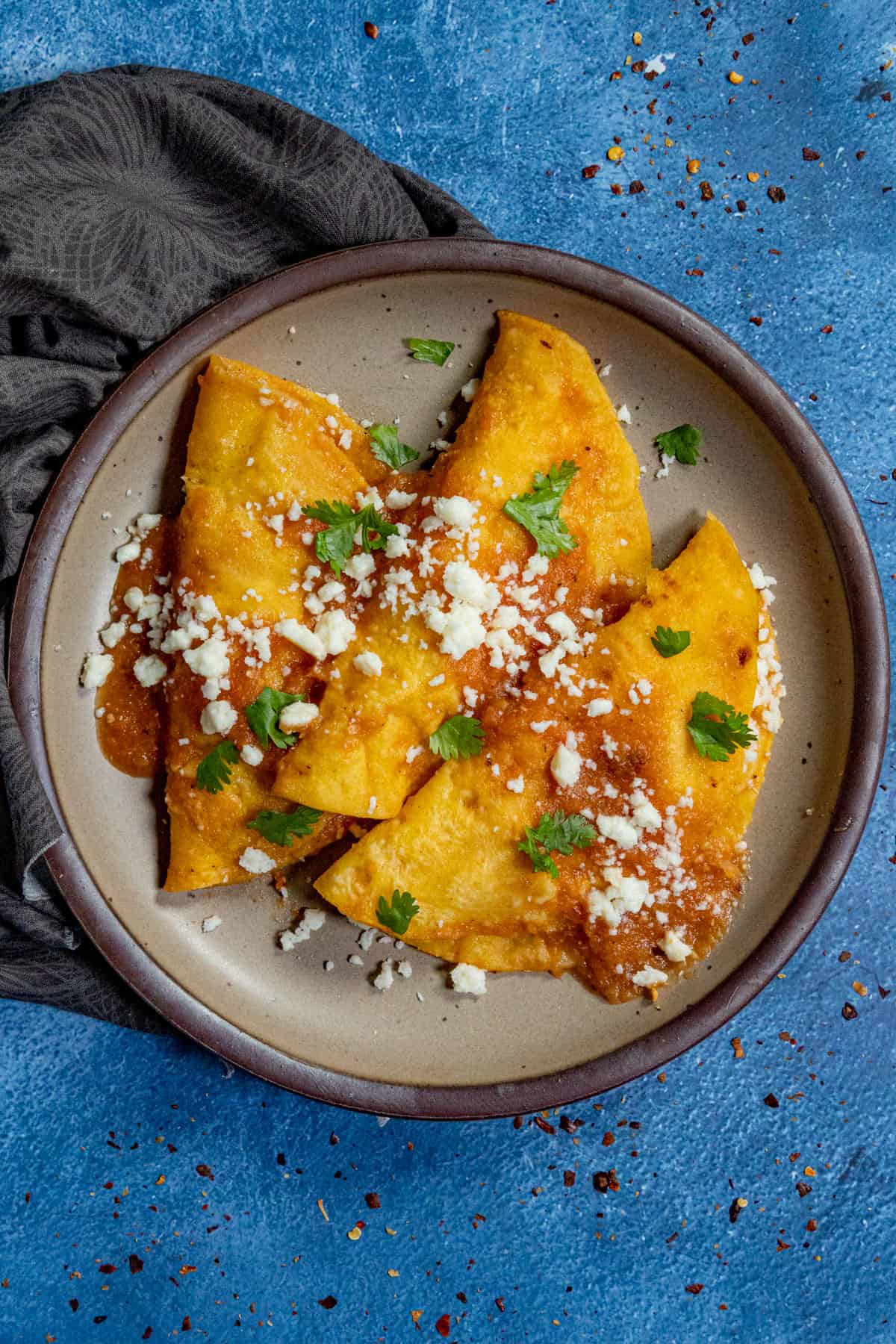 Entomatadas (folded stuffed tortillas) served on a plate with toppings