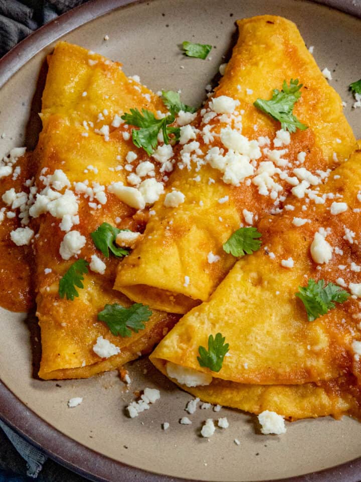 3 lightly fried corn tortillas, stuffed with cheese, aka entomatadas, served on a plate then topped with tomato sauce and crumbly cheese