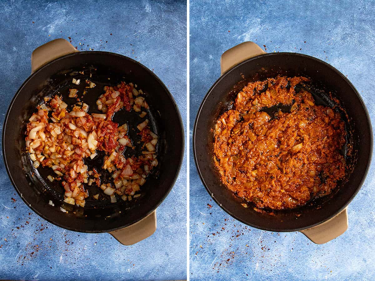Cooking down onion, chilies, and tomatoes in a pot