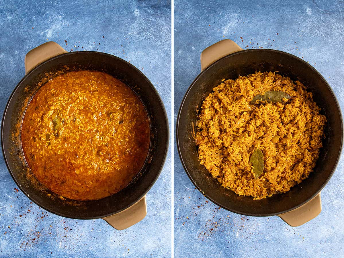 Simmering jollof rice in a pot with the tomato-chili liquid, and the same pot with finished jollof rice, fluffed with a fork